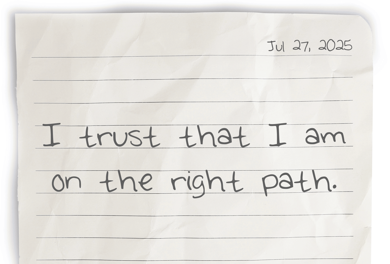 A journaling notebook page dated at the top right corner, featuring today's affirmation, "I trust that I am on the right path," written prominently in the center.