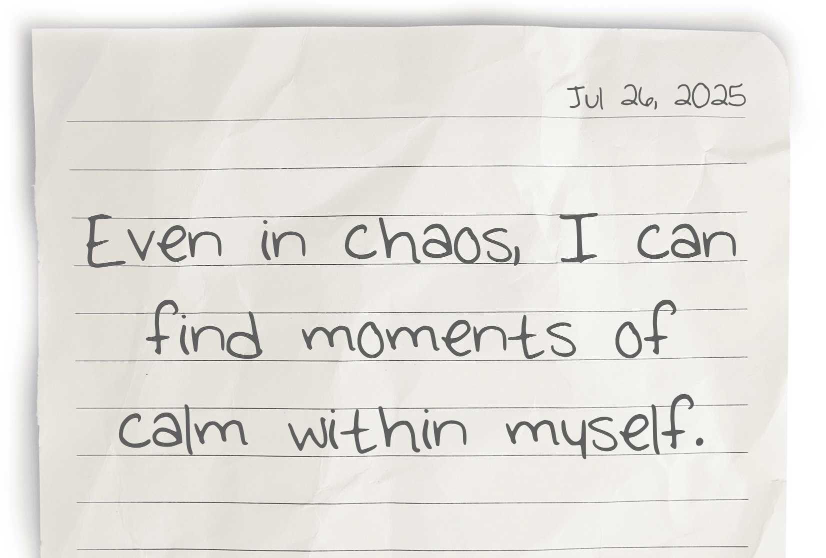 A journaling notebook page dated at the top right corner, featuring today's affirmation, "Even in chaos, I can find moments of calm within myself," written prominently in the center.