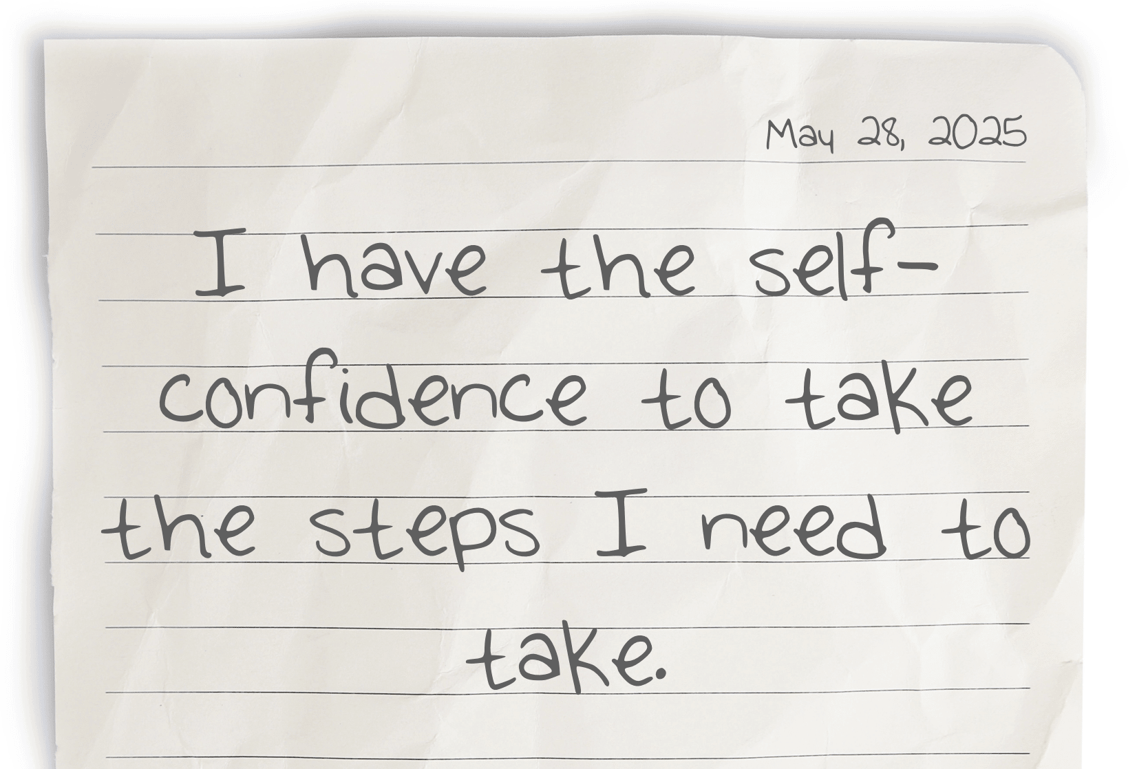 A journaling notebook page dated at the top right corner, featuring today's affirmation, "I have the self-confidence to take the steps I need to take," written prominently in the center.