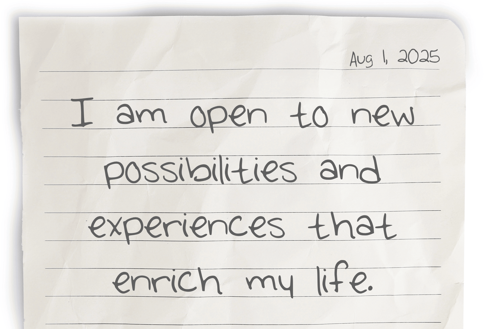 A journaling notebook page dated at the top right corner, featuring today's affirmation, "I am open to new possibilities and experiences that enrich my life," written clearly in the center.