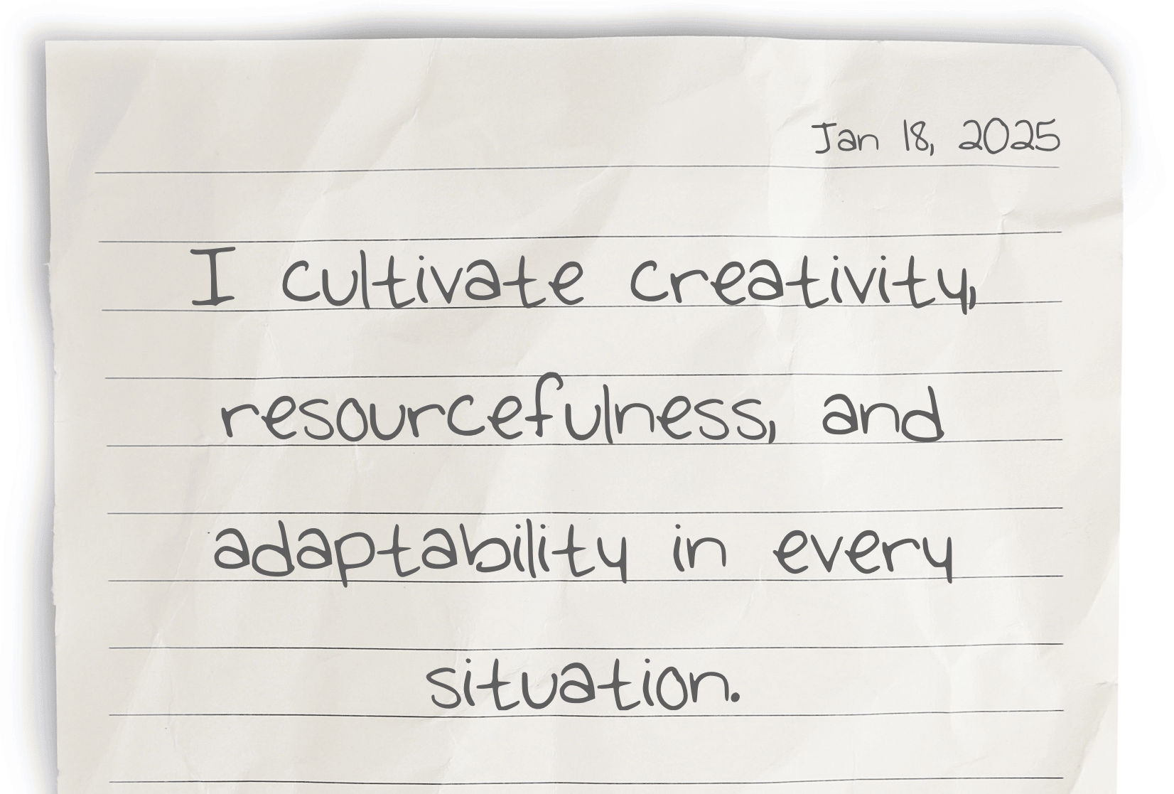 A journaling notebook page with the date at the top right corner. The current day's affirmation, "I cultivate creativity, resourcefulness, and adaptability in every situation," is written in the center of the page.