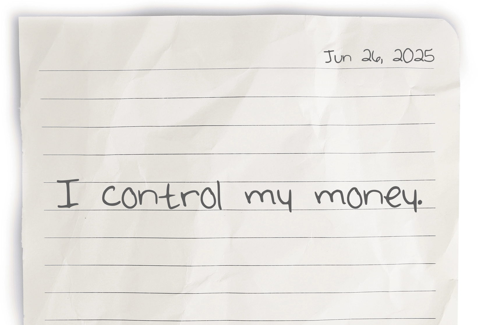 A journaling notebook page dated at the top right corner, featuring today's affirmation, "I control my money," written prominently in the center.