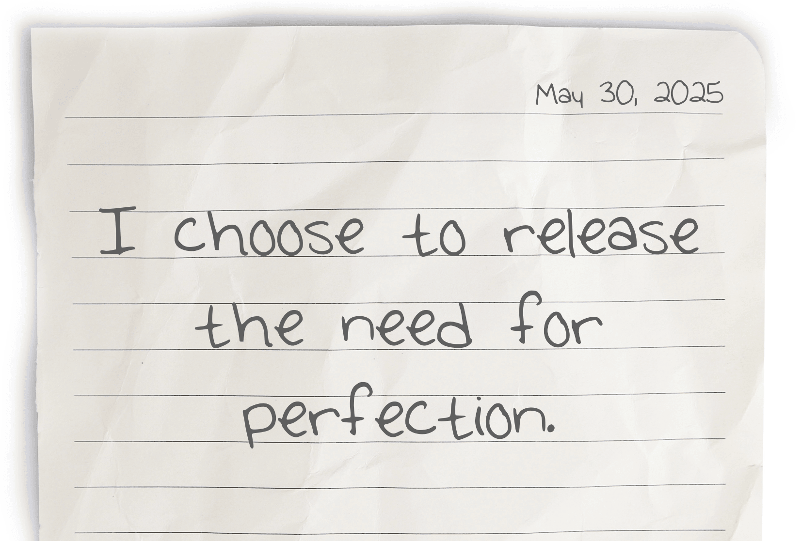 A journaling notebook page dated at the top right corner, featuring today's affirmation, "I choose to release the need for perfection," written prominently in the center.