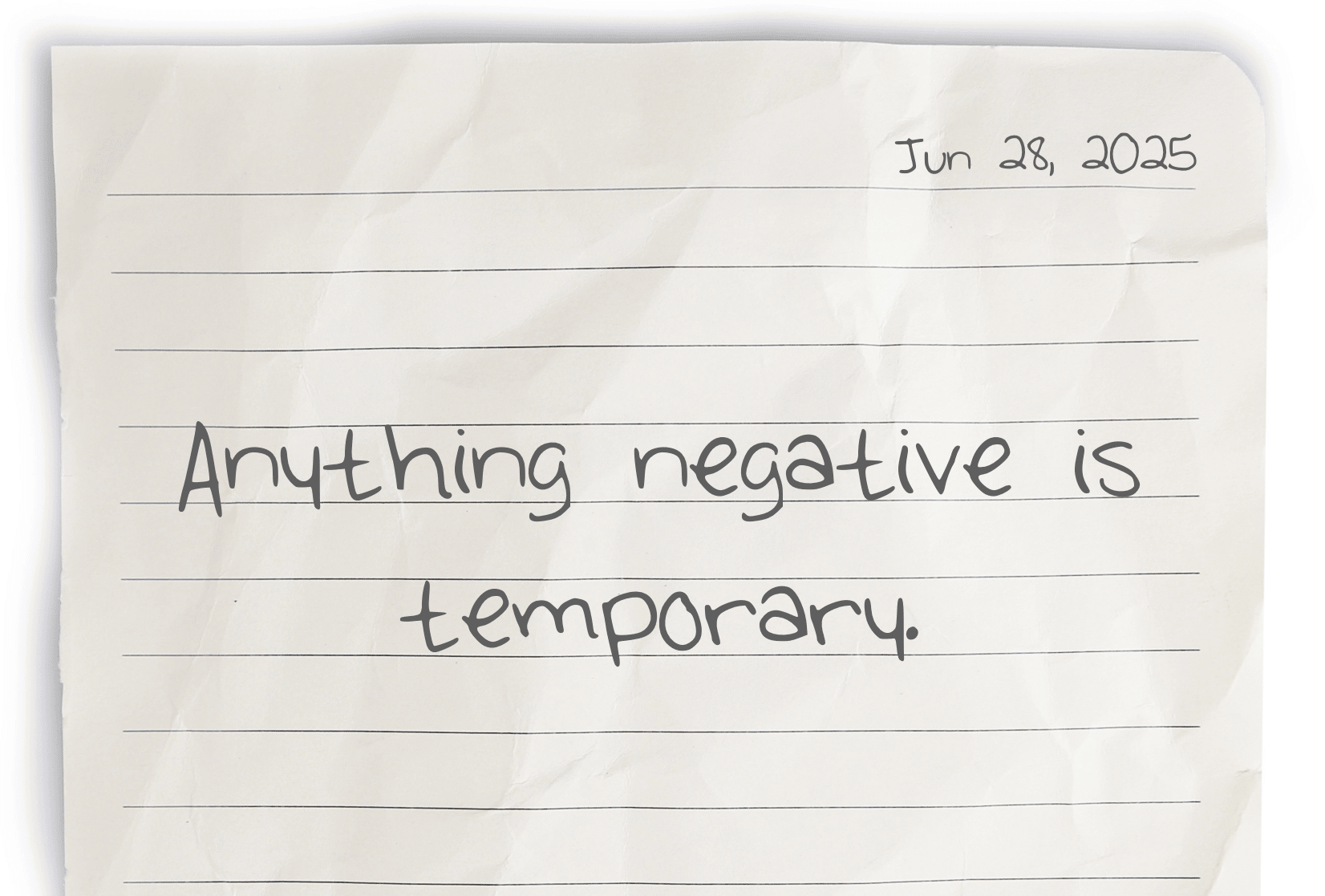A journaling notebook page dated at the top right corner, featuring today's affirmation, "Anything negative is temporary," written prominently in the center.