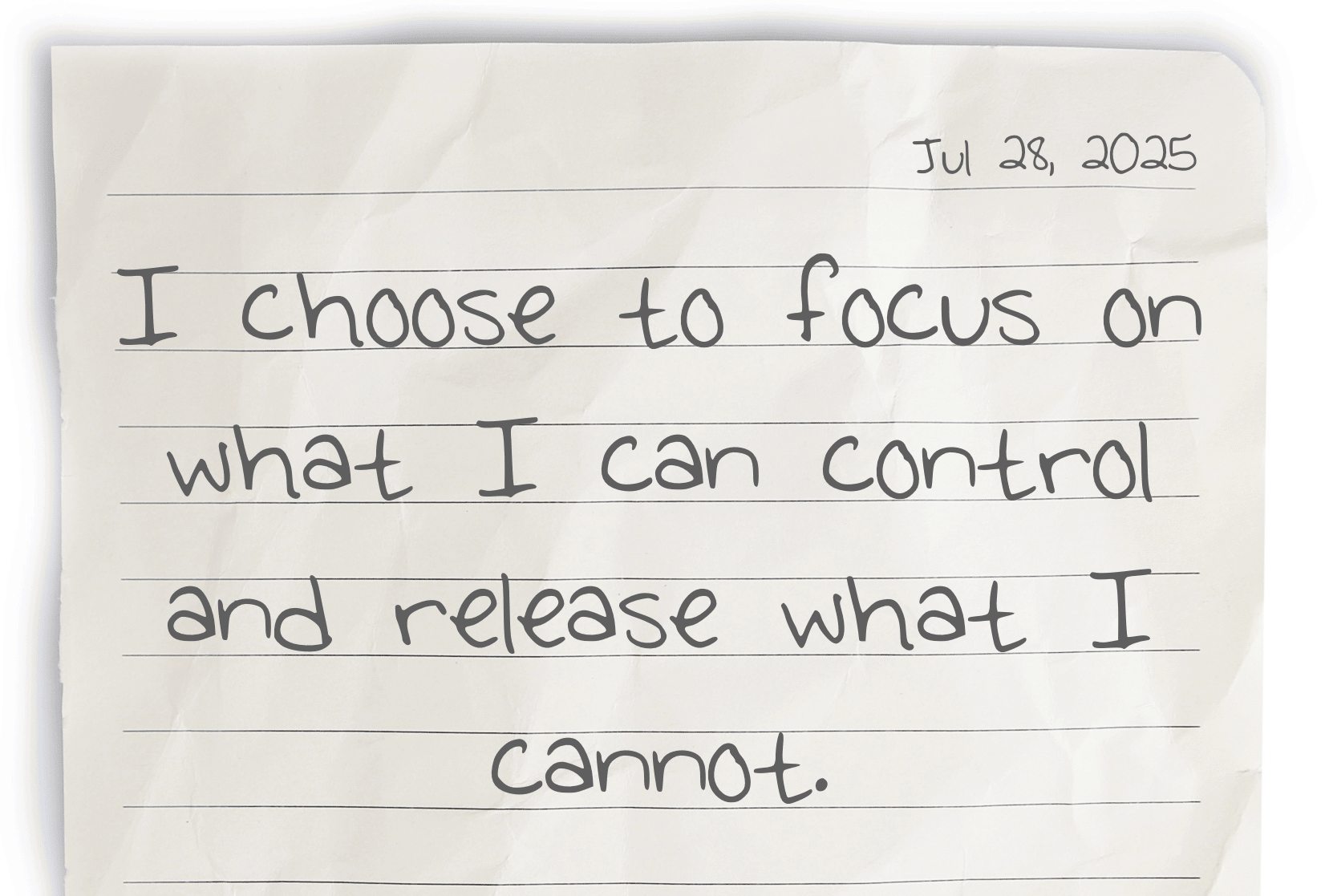 A journaling notebook page dated at the top right corner, featuring today's affirmation, "I choose to focus on what I can control and release what I cannot," written prominently in the center.