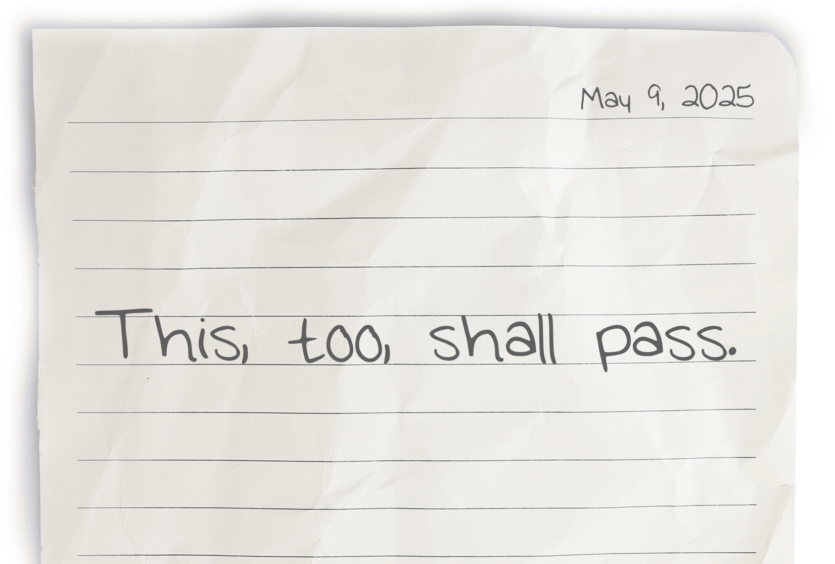A journaling notebook page dated at the top right corner, featuring today's affirmation, "This, too, shall pass," written prominently in the center.