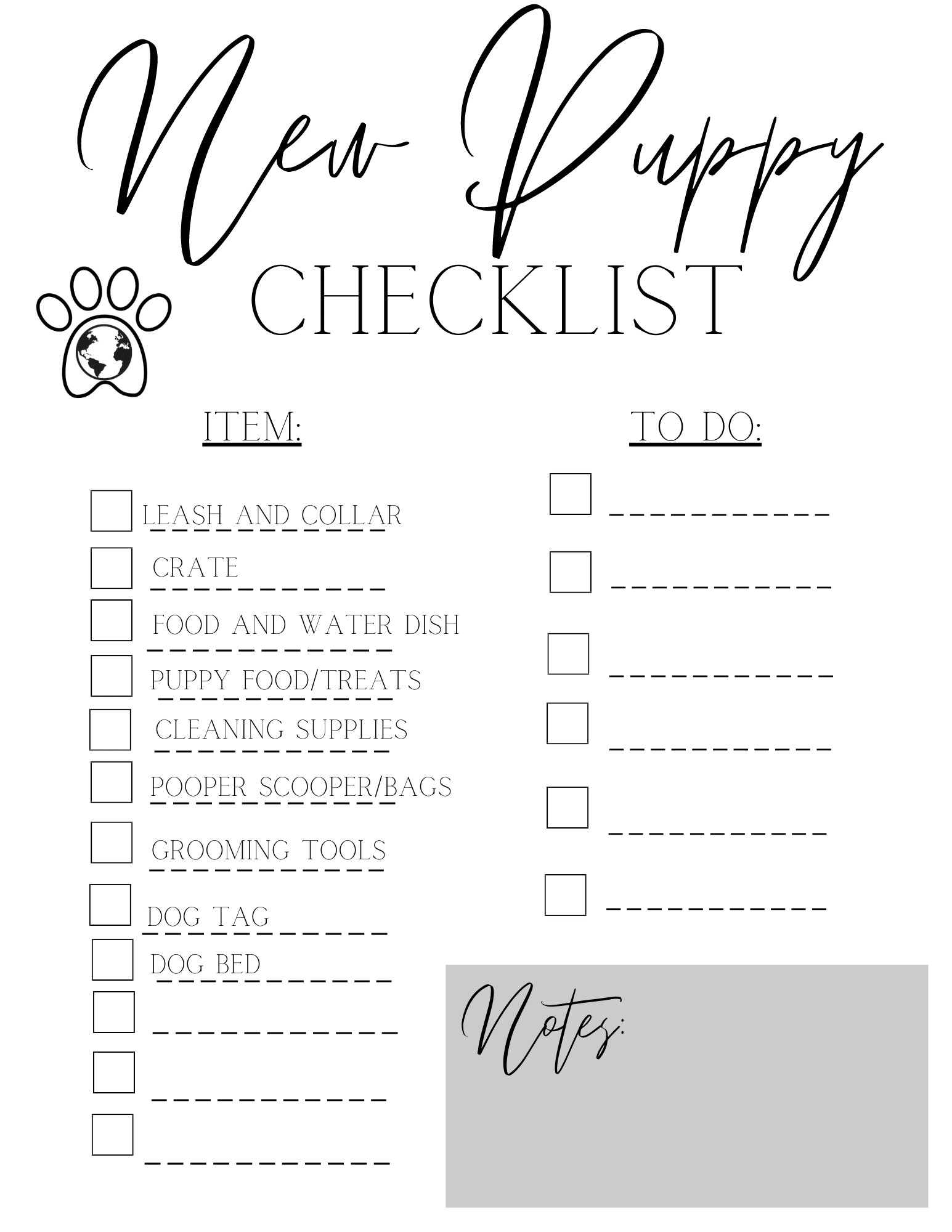 New Puppy Supply Checklist Printable