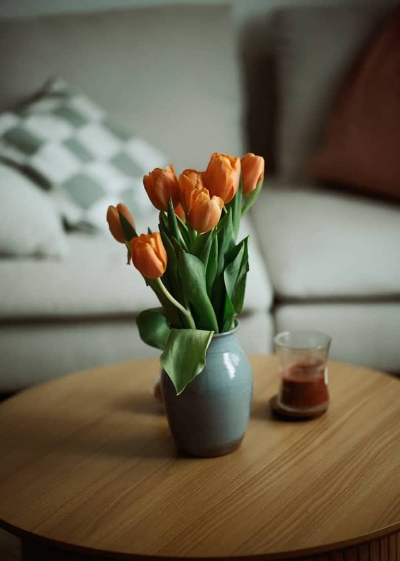 Orange tulips in a vase on a coffee table.