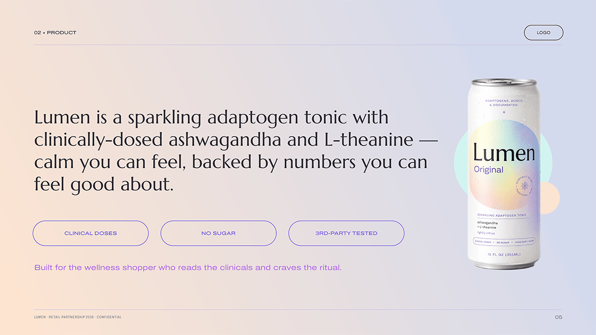 'Product' slide design for CPG pitch deck