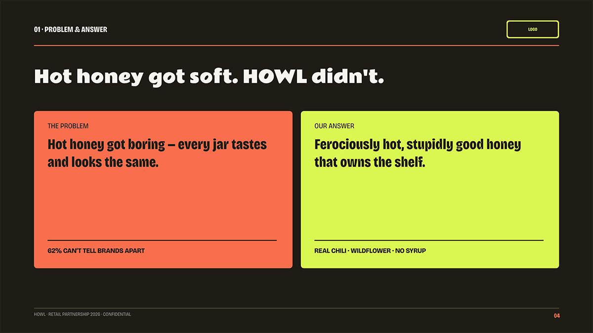'Problem and answer' slide design for CPG pitch deck