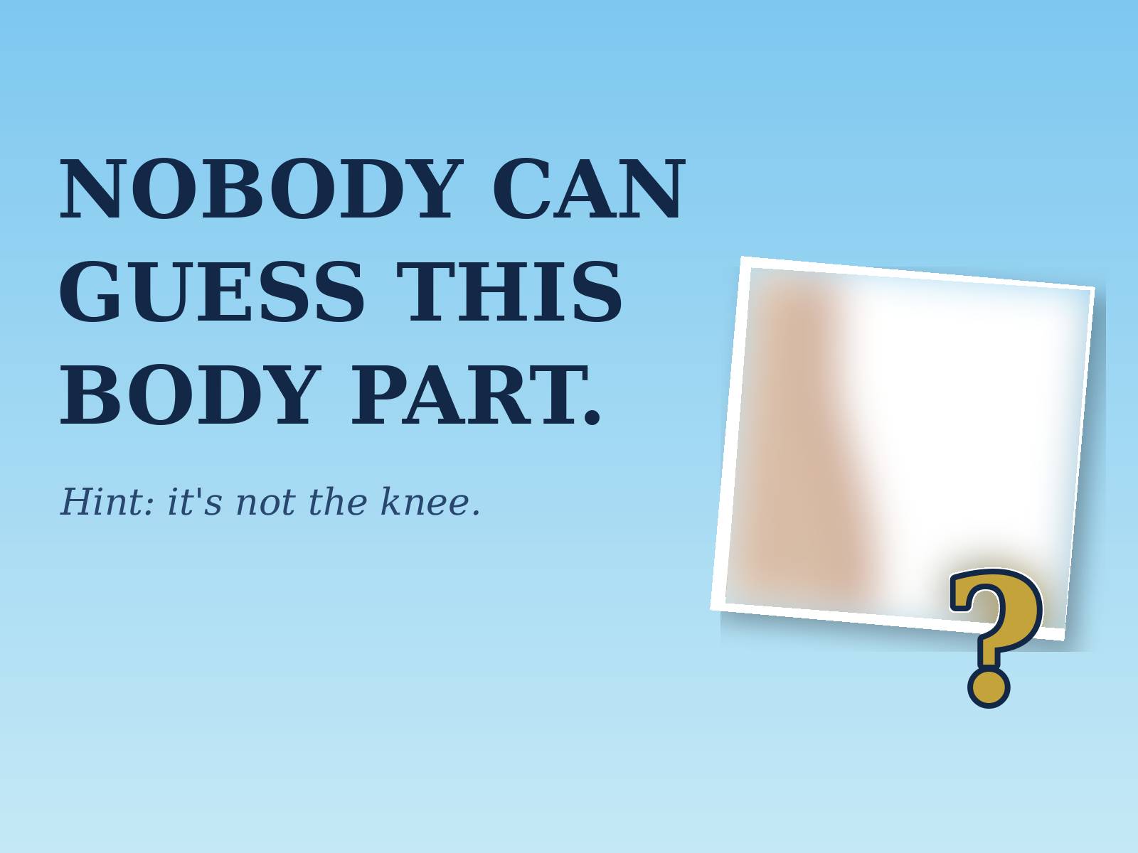 Nobody can guess this body part. Hint: it's not the knee. A blurred crop of Steph's Silva art and a gold question mark, for The First Stone newsletter.
