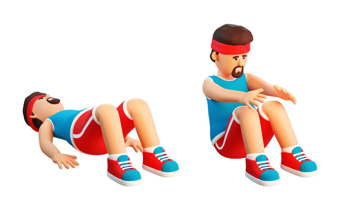 3d man does abs exercise crunch.