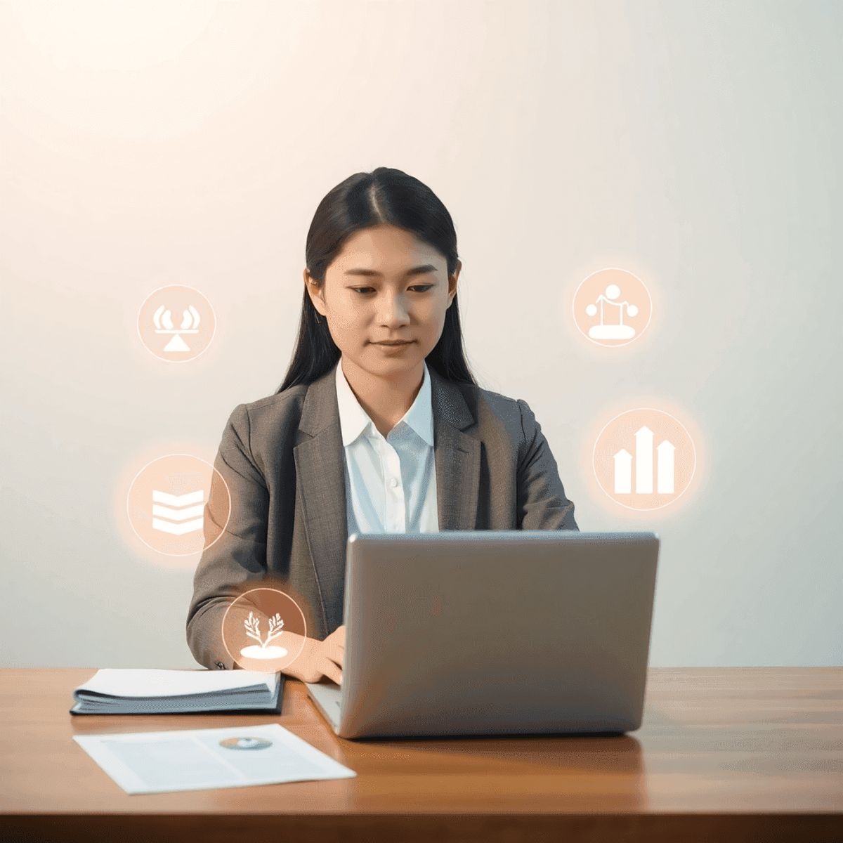 Young professional at desk with laptop and documents, surrounded by glowing icons of balance, mindfulness, and career growth in a serene setting.