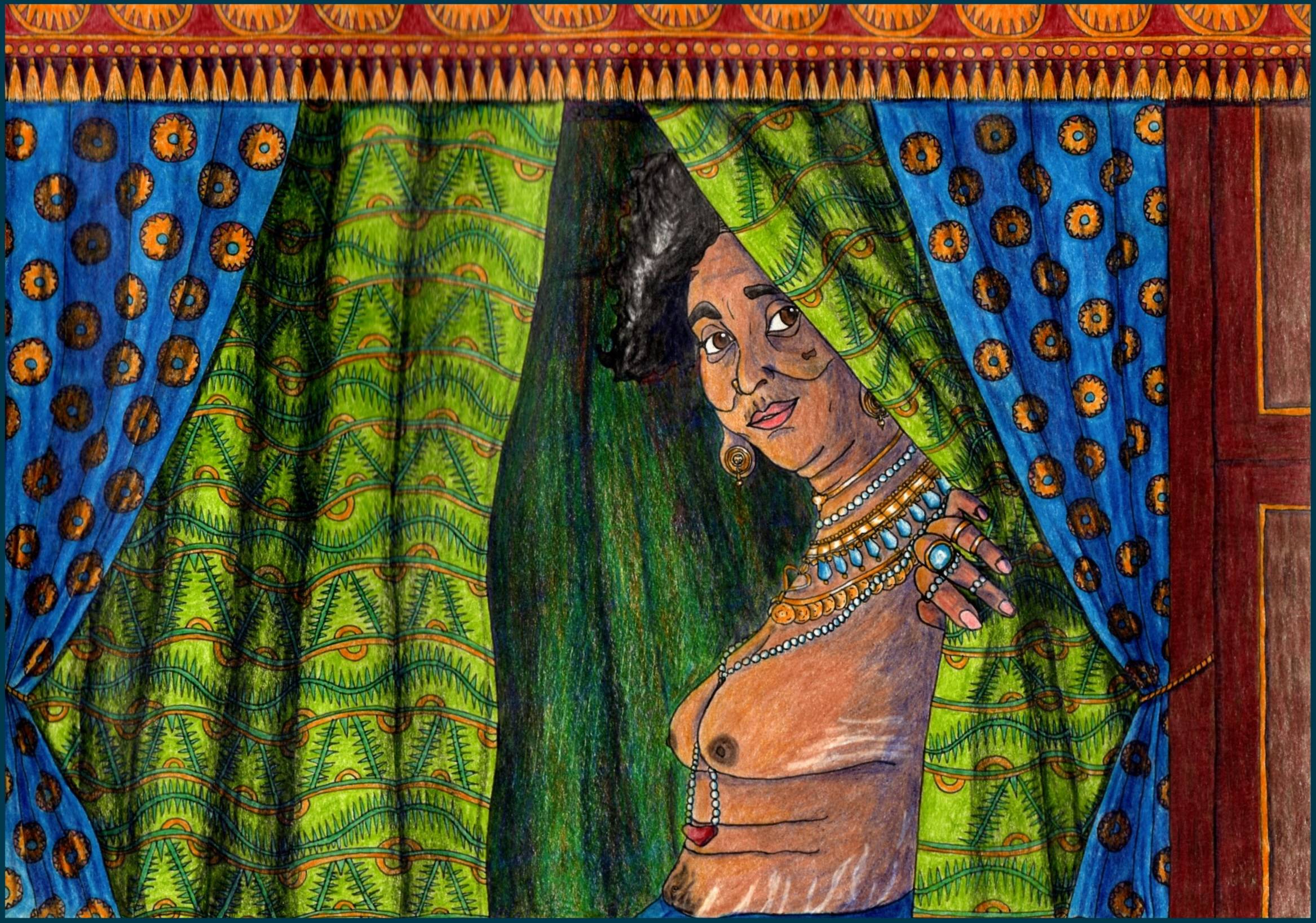 A middle-aged South Indian woman sits inside a palanquin. She is pulling back the curtain to look curiously at the viewer. She wears necklaces, a nose ring, earrings and rings of gold, pearls, and precious stones. The curtains of the palanquin are in rich colours of red, gold, green and blue.