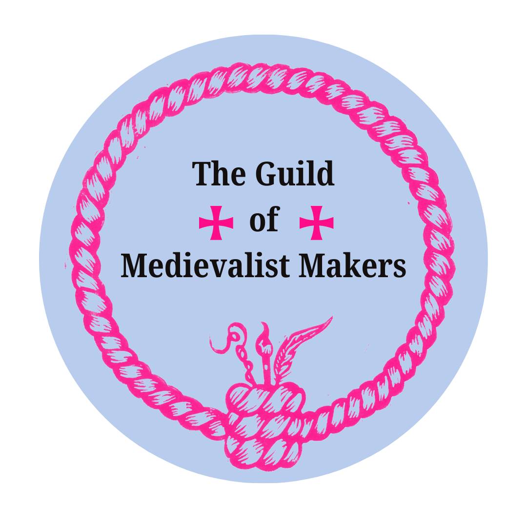 Logo showing a pink rope on a blue background, with the text The Guild of Medievalist Makers framed by two pink crosses.
