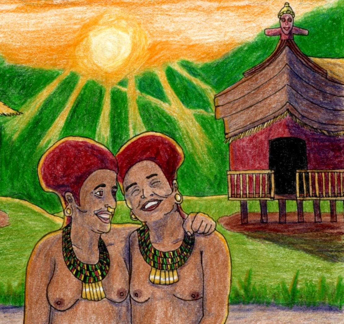 Closeup of a drawing of Indigenous women from Ecuador. They are embracing while walking. A red building on stilts is behind them, and you can see the sun shining over the hills.
