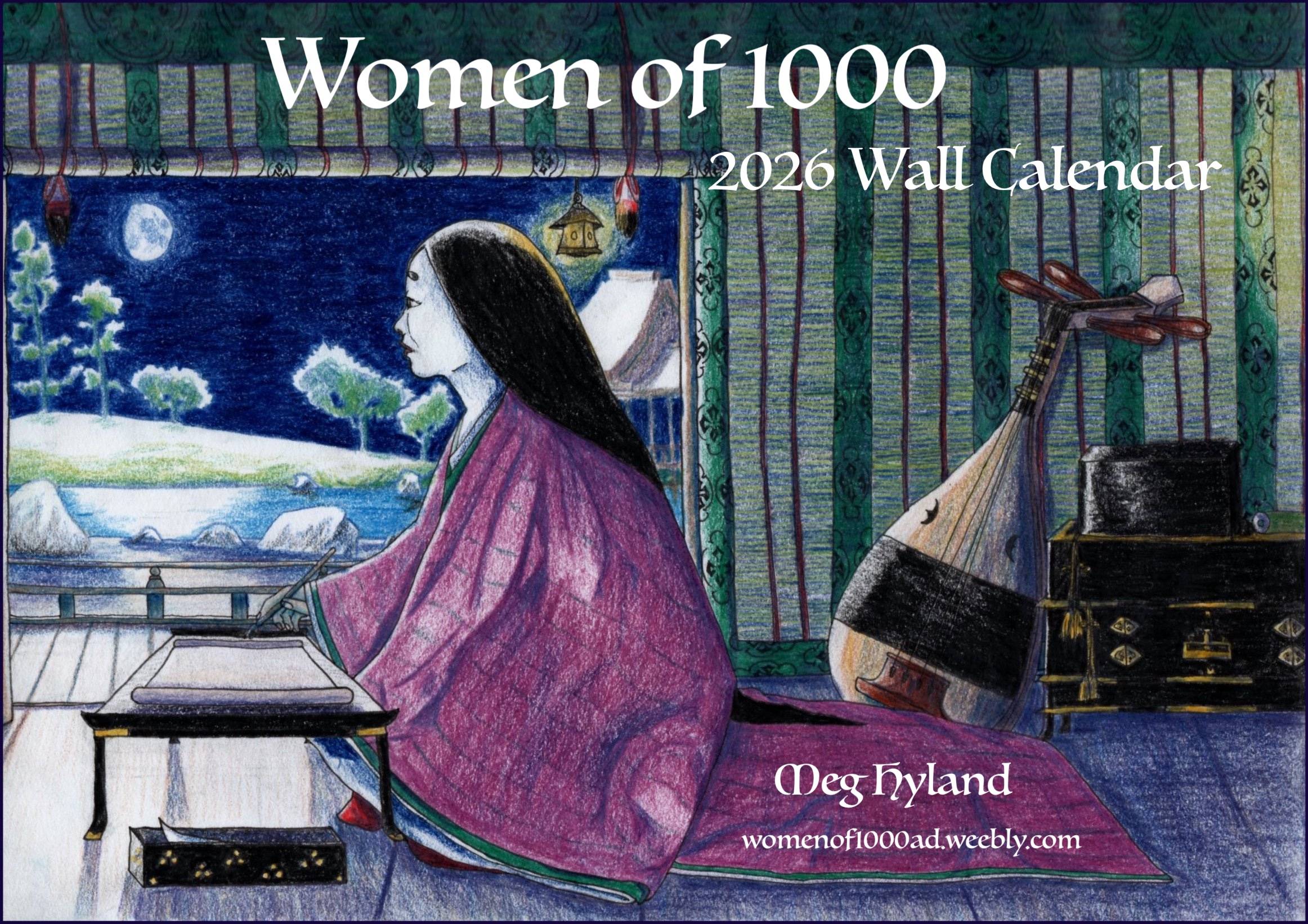 Cover of the 2026 calendar. Shows the illustration Murasaki Shikibu, a Japanese writer in a moonlit room, as the cover image.