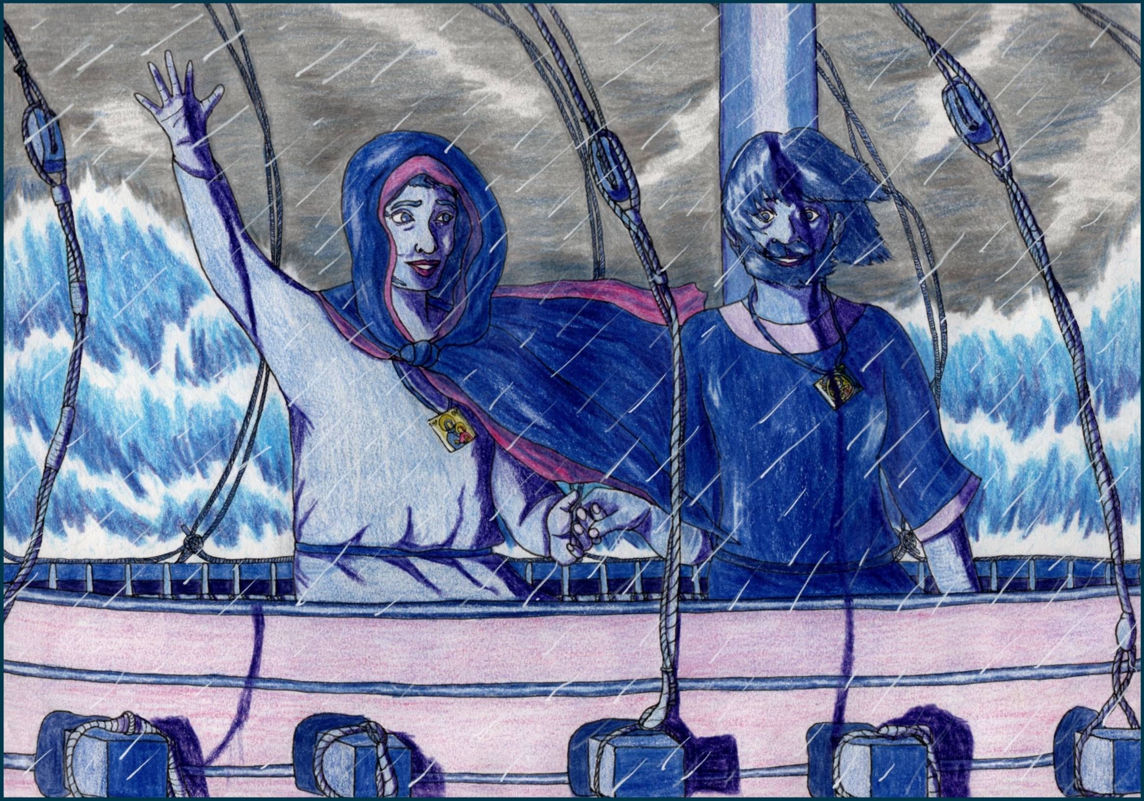A Greek nun holds the hand of a man on the deck of a ship in a storm. Their clothes and the ropes of the ship are blowing in the wind, waves crash behind them, and they are lit up as if lightning has just struck nearby. Paraskevi looks encouraging while t