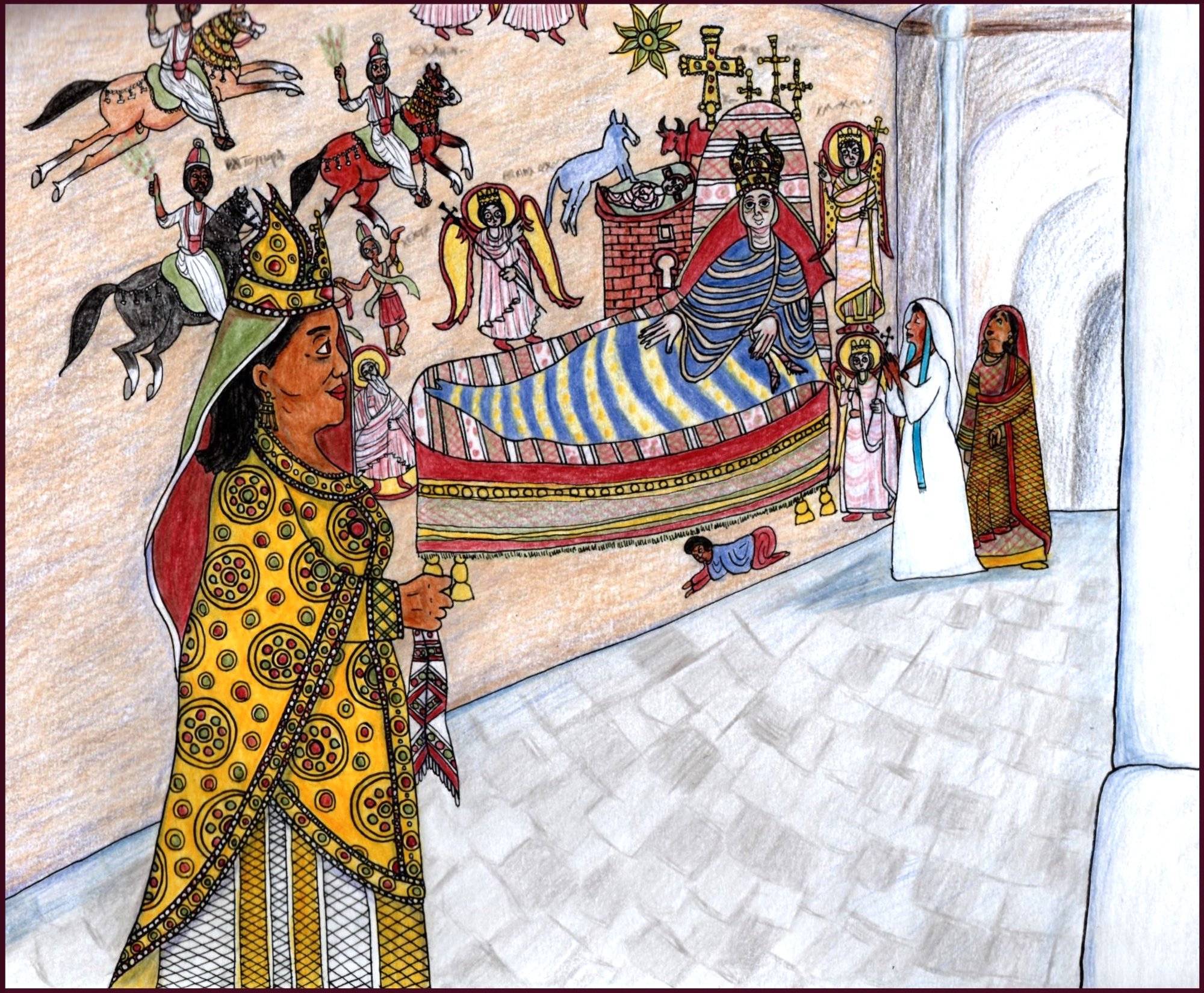 A Black woman in a gem-studded golden robe stands in a church. She is wearing a golden crown over a green and red veil. Her hair is braided and she holds an embroidered handkerchief. She is standing in front of a wall with an elaborate medieval mural on it. The mural shows the Virgin Mary reclining on a couch. Her crown and veil match the ones that the queen is wearing. The mural is a Nativity scene with angels, animals, and the Three Wise Men arriving on horses. Two other women look at the mural. One is dressed all in white like a nun and is praying, while the other is dressed in gold, green and red robes and looking up at the wall in awe.