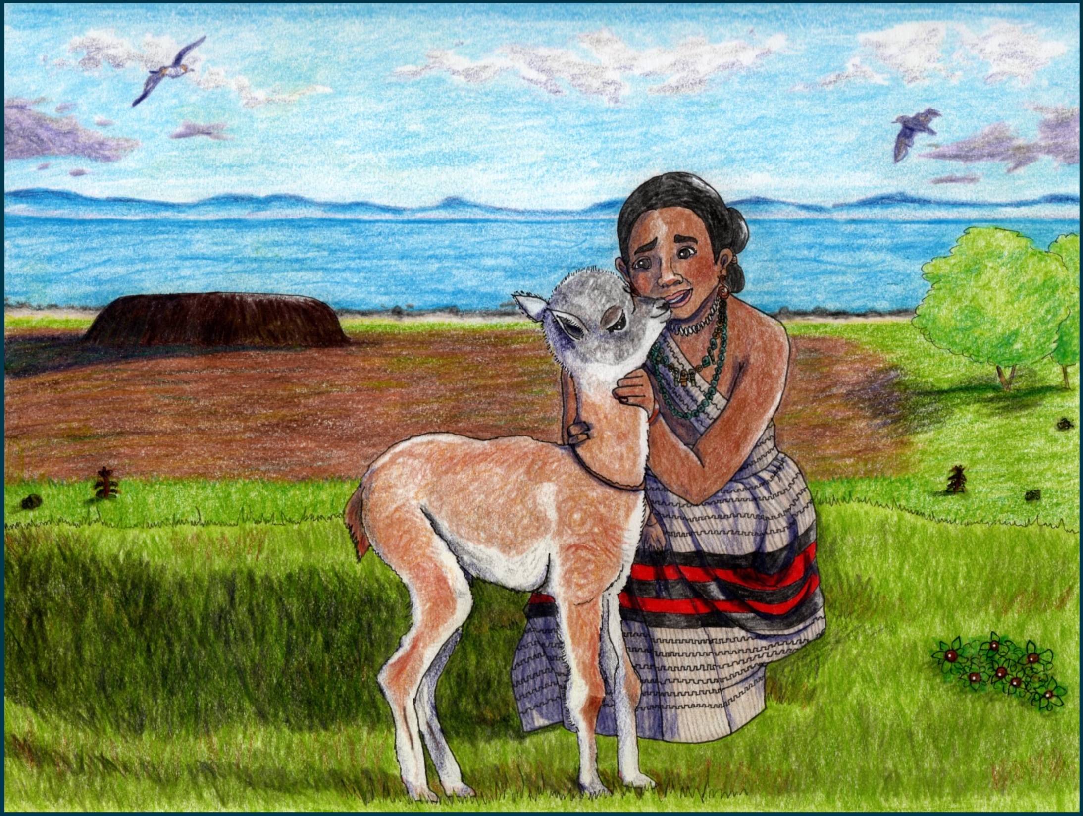 A Mapuche girl cuddles a baby chilihueque, a domesticated guanaco. The girl is wearing a striped skirt, a sash across her chest, and three necklaces. She has spiral copper earrings and a copper bracelet, and her hair is tied back in a bun. Behind her is a