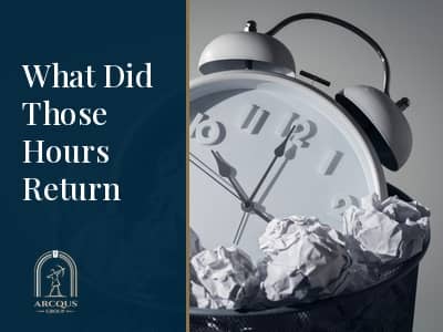 'What Did Those Hours Return' showing a clock and crumpled papers in a trash bin, with the Arcqus Group logo