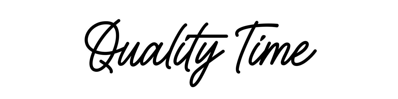 The image displays the phrase "Quality Time" written in a cursive script with a black font and a white outline against a transparent background.