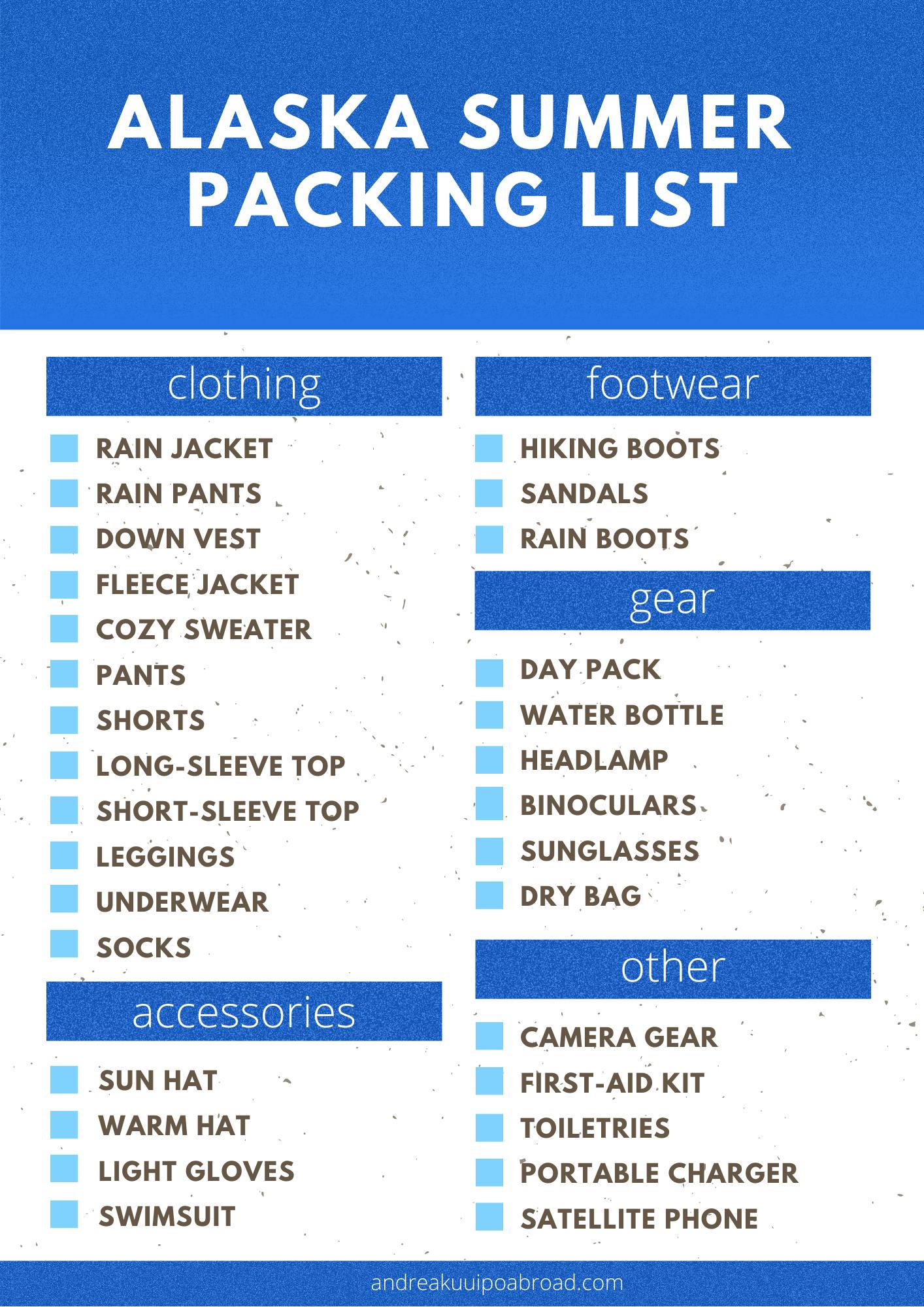 30 alaska summer packing list items for 2022 printable checklist andrea kuuipo abroad