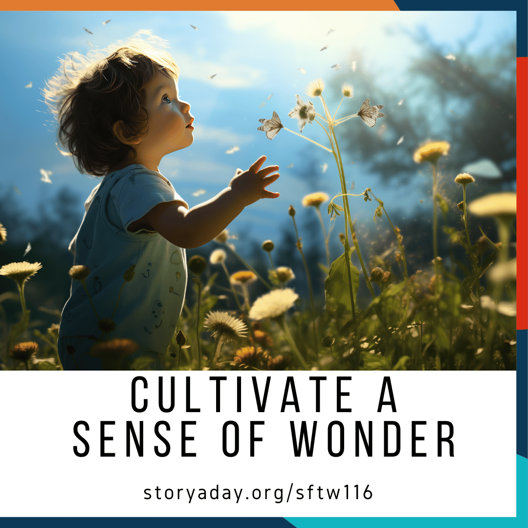 a mall child in a field, gazing up in wonder along with the words Cultivate a Sense of Wonder and the URL storyaday.org/sftw116