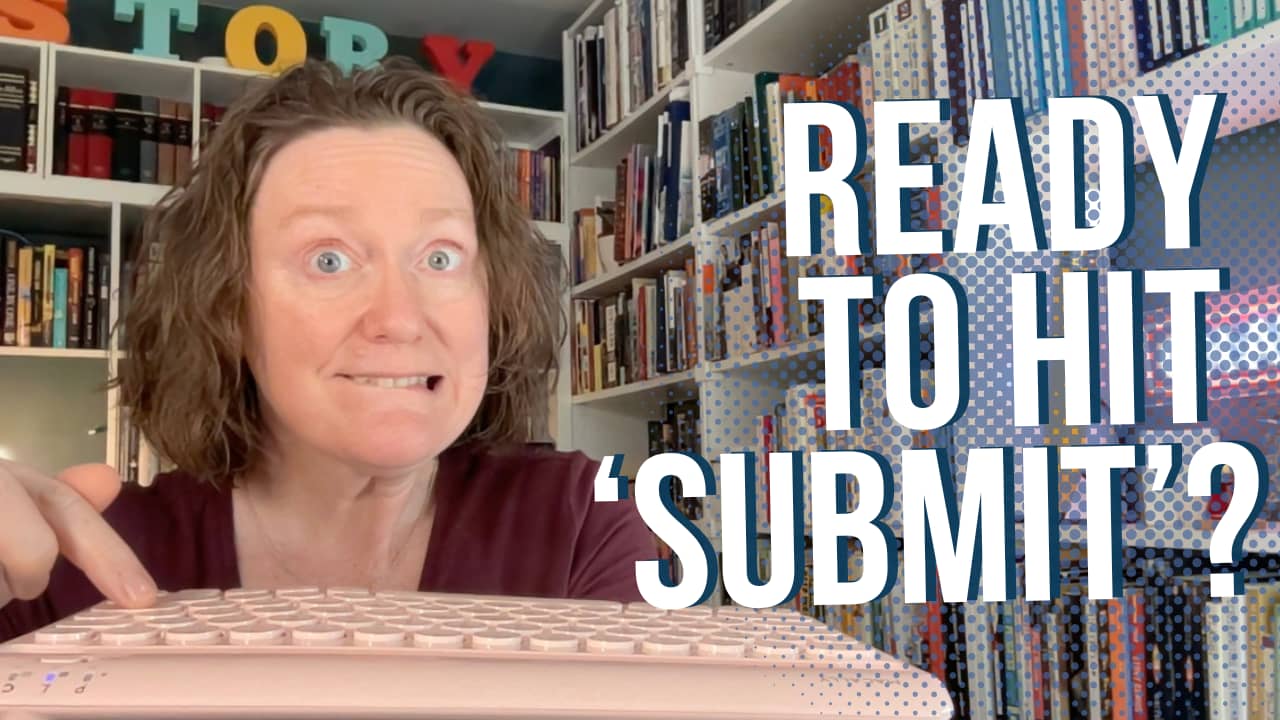 a woman fearfully hovering over the 'return' key on a keyboard, with the words "Ready to hit submit?"