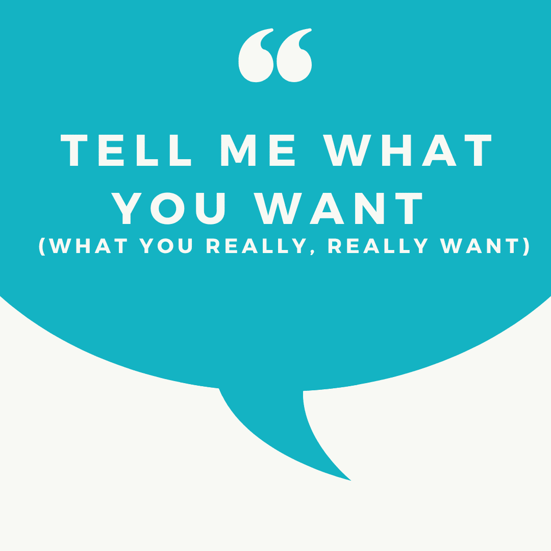 A quote bubble with the words: tell me what you want, what you really, really want