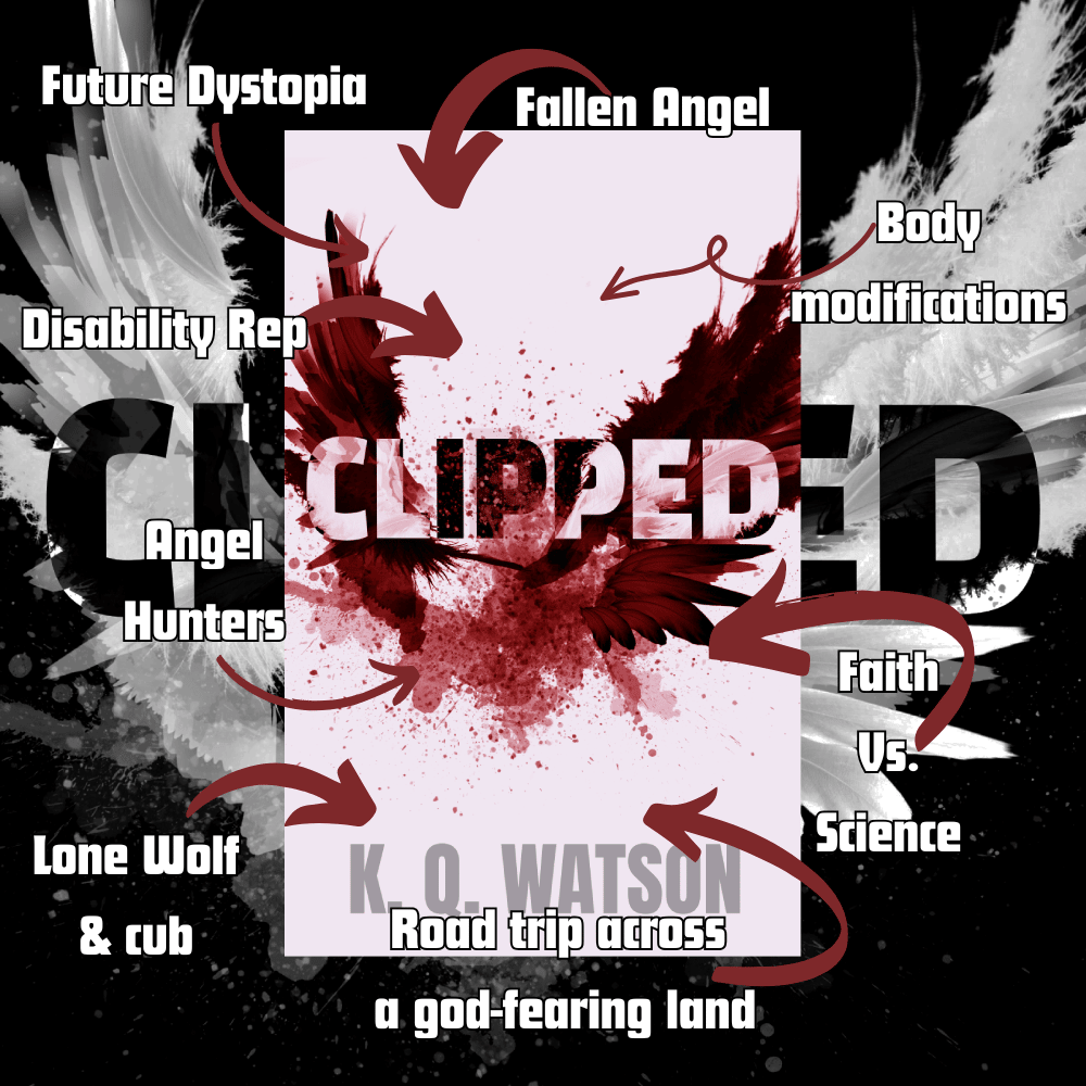 The cover of Clipped with text around it that reads Future dystopia, disability rep, angel hunters, lone wolf & cub, road trip across a god-fearing land, faith vs science, body modifications and Fallen angel