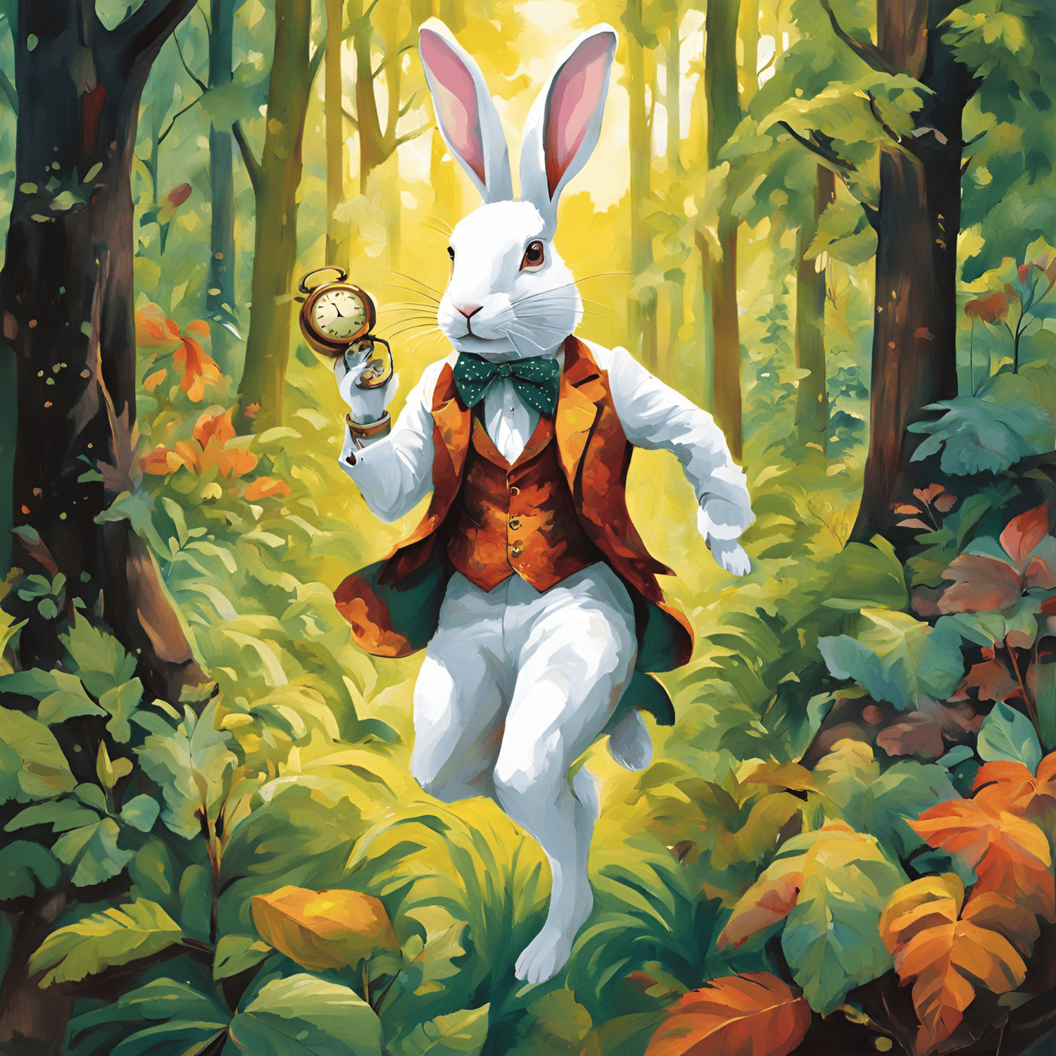 An AI-generated image of a rabbit running through the woods wearing a vest and jacket, with a bowtie. It's holding a pocketwatch.