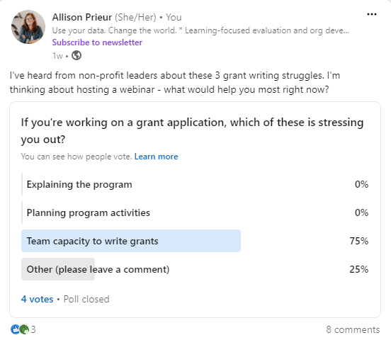 A screenshot of a LinkedIn post asking non-profit leaders what would help them with grant writing struggles: explaining the program, planning program activities, team capacity to write grants, and other. 4 votes with 3 for team capacity to write grants an