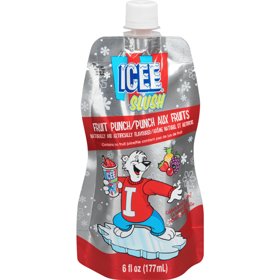 A picture of an Icee slush pouch. It's silver with red, blue, and yellow colours. There's a polar bear wearing a red shirt and blue pants standing on an iceberg(?) holding a huge slushie. It's fruit punch and there is also a bunch of fruit floating in the air near the polar bear. The silver background has some white snowflakes speckled throughout.
