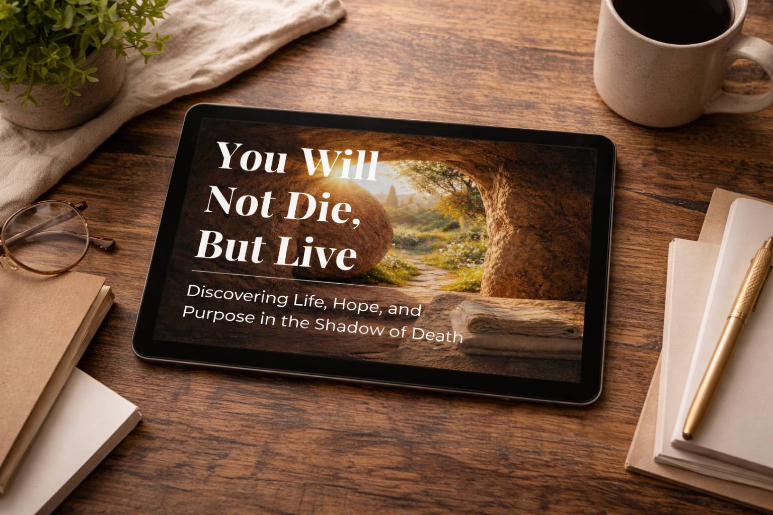 Image of tablet on desk with tablet displaying image of the bible plan You will not die but live