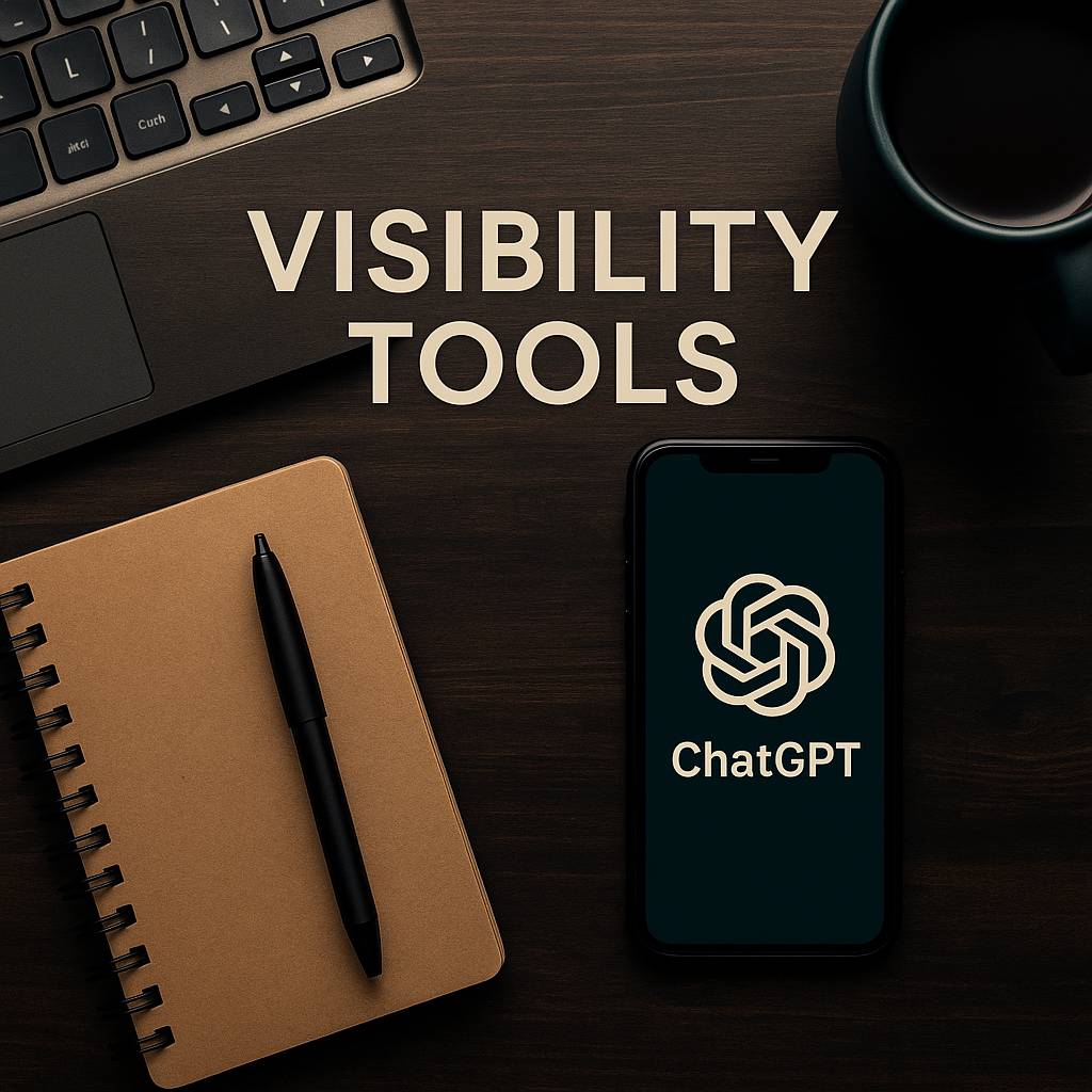 Flat lay of a desk with a glowing ChatGPT logo on a phone beside a notebook labeled ‘Visibility Tools,’ symbolizing AI-powered visibility and discovery for creatives