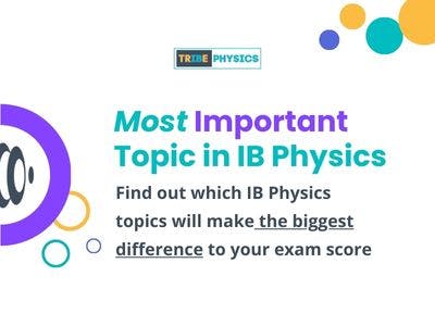 The image promotes the TrIBe Physics course by GradePod, with a focus on identifying the most important IB Physics topics. The text in bold highlights "Most Important Topic in IB Physics" in purple and teal colors, followed by a message encouraging studen