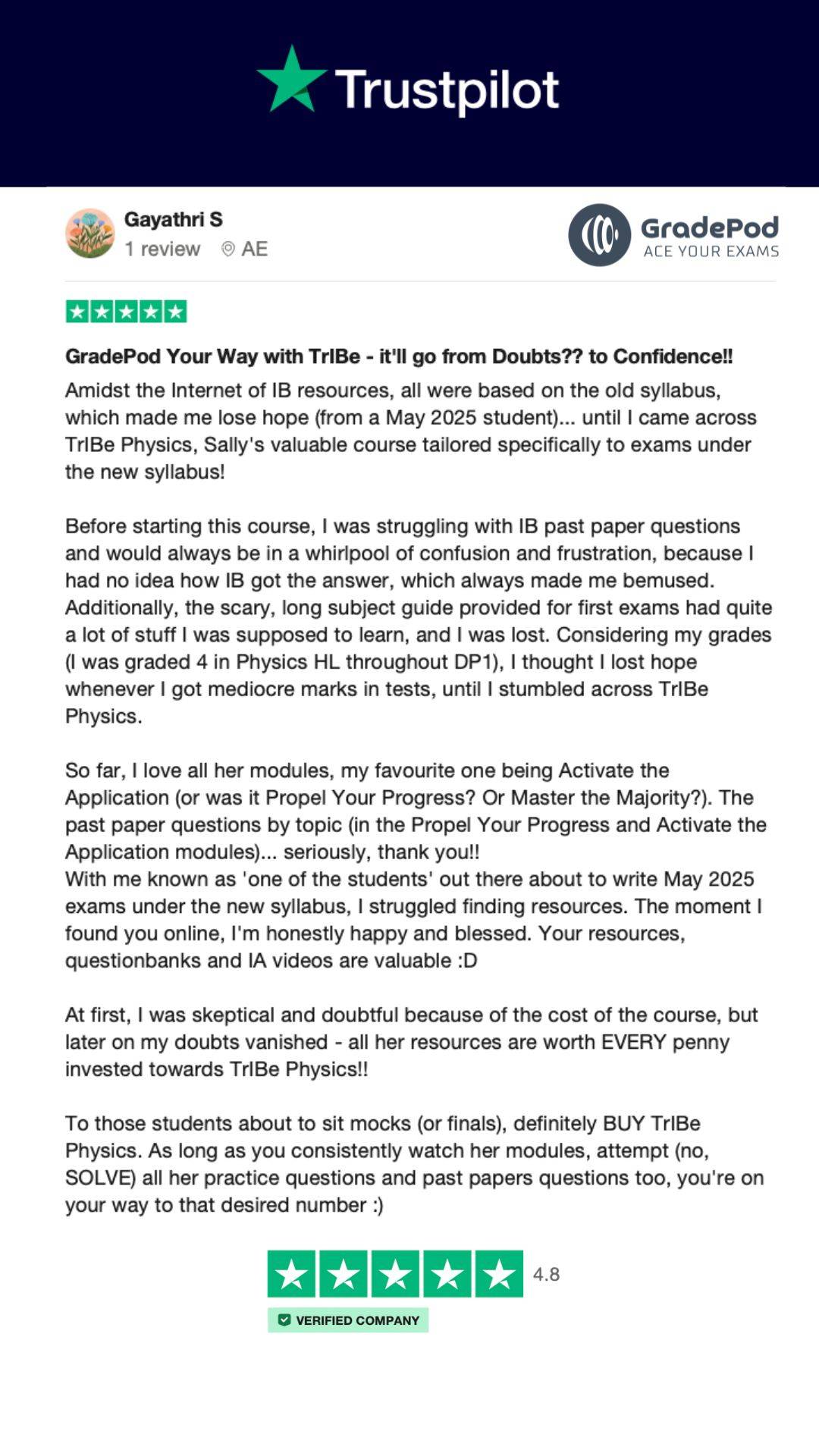 5 Star TrustPilot review for GradePod