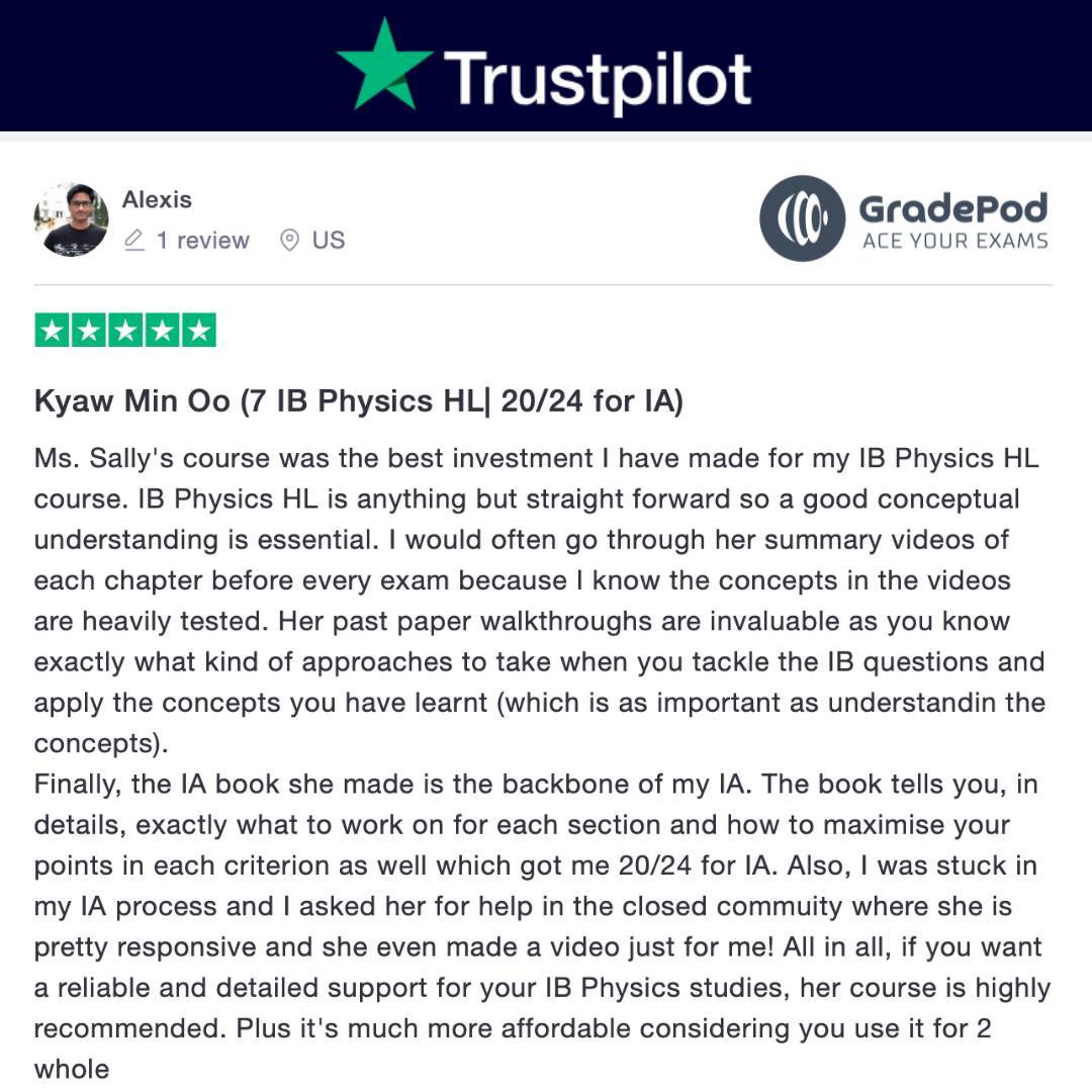 Trustpilot review for GradePod's TrIBe Physics. Alexis highlights how important it was in gaining 20/24 for their IB Phsics IAys