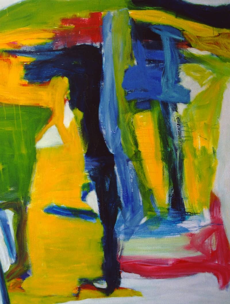Abstract painting with bold strokes of yellow and blue