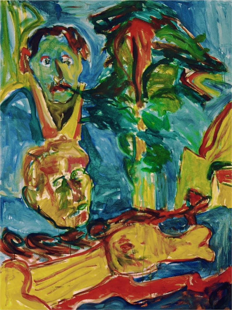 Abstract painting with distorted faces and vibrant colors