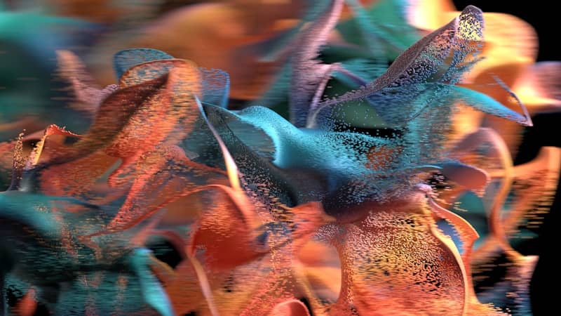 Swirling vibrant teal and orange abstract shapes.