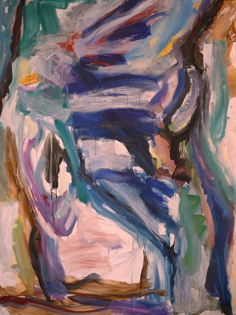 Abstract painting with blue, green, and white brushstrokes.