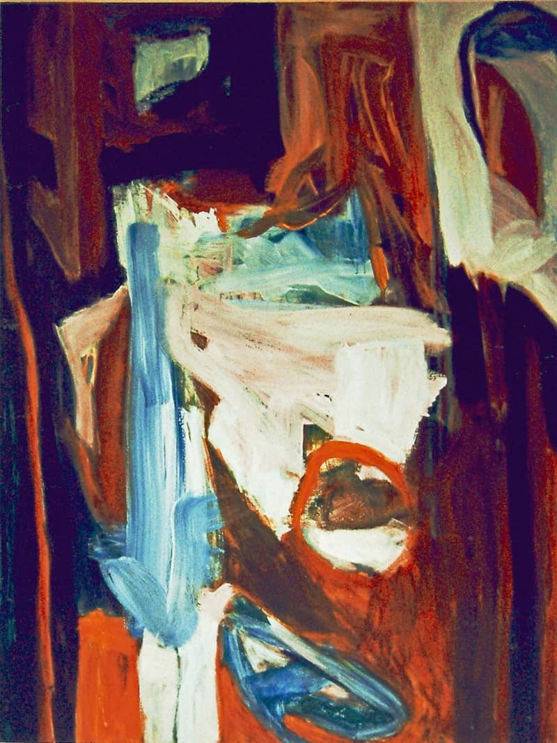 Abstract painting with bold brushstrokes in red, blue, and white.