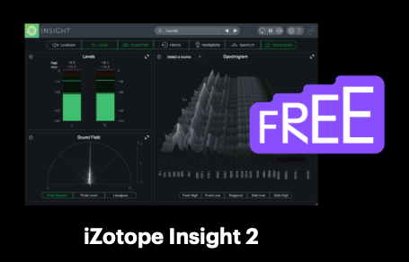 Promotional graphic showing the iZotope Insight 2 audio analysis plugin interface with meters, spectrum display, and a purple ‘FREE’ badge.
