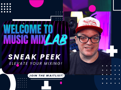 Sill image of Dana Nielsen speaking to camera with blue and pink graphics and text, "Welcome to Music MixLAB, Sneak Peek, Join The Waitlist"