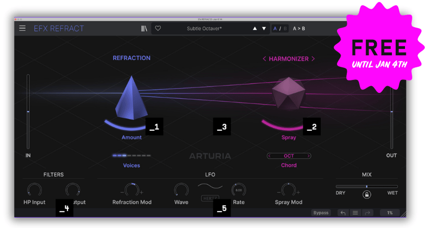 EFX Refract Arturia plugin interface with "Free" sticker