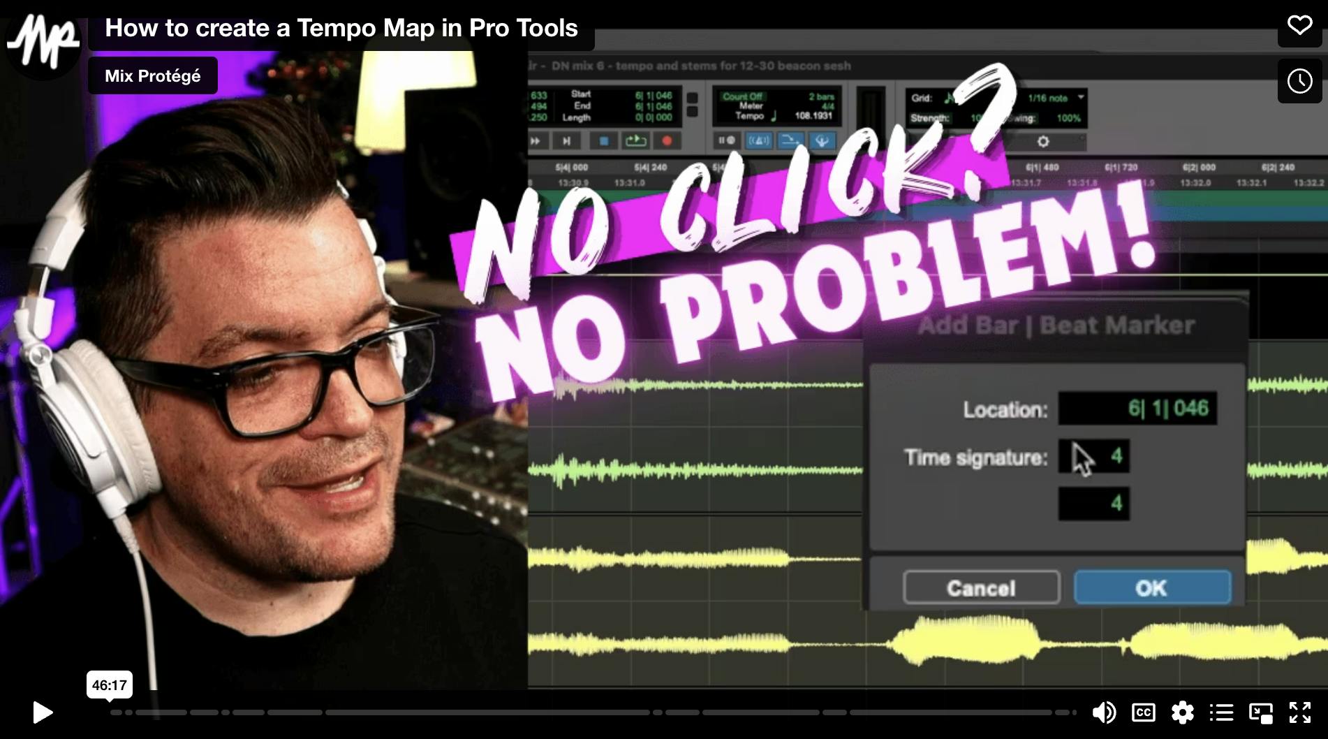 Video thumbnail of Dana looking at Pro Tools software with text overlay: No Click? No Problem!