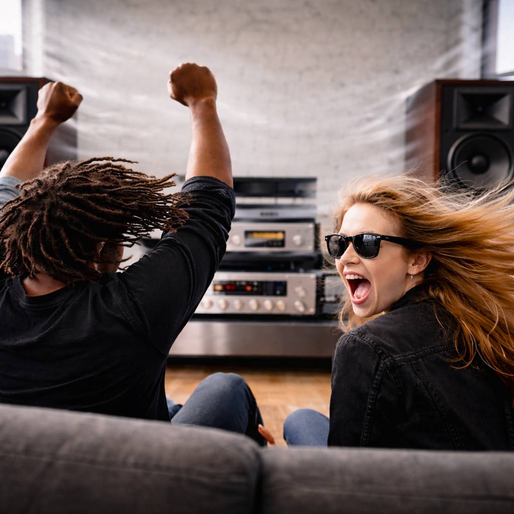 Two people cheering on a couch in front of a hi-fi stereo and speakers