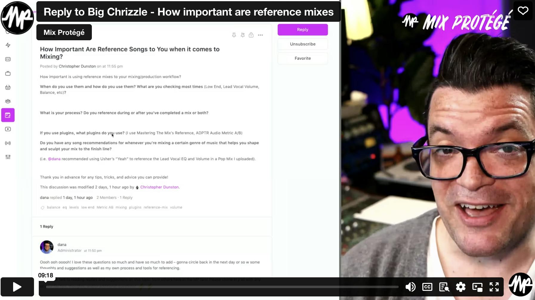 Video screenshot of Dana answering member questions about reference mixes